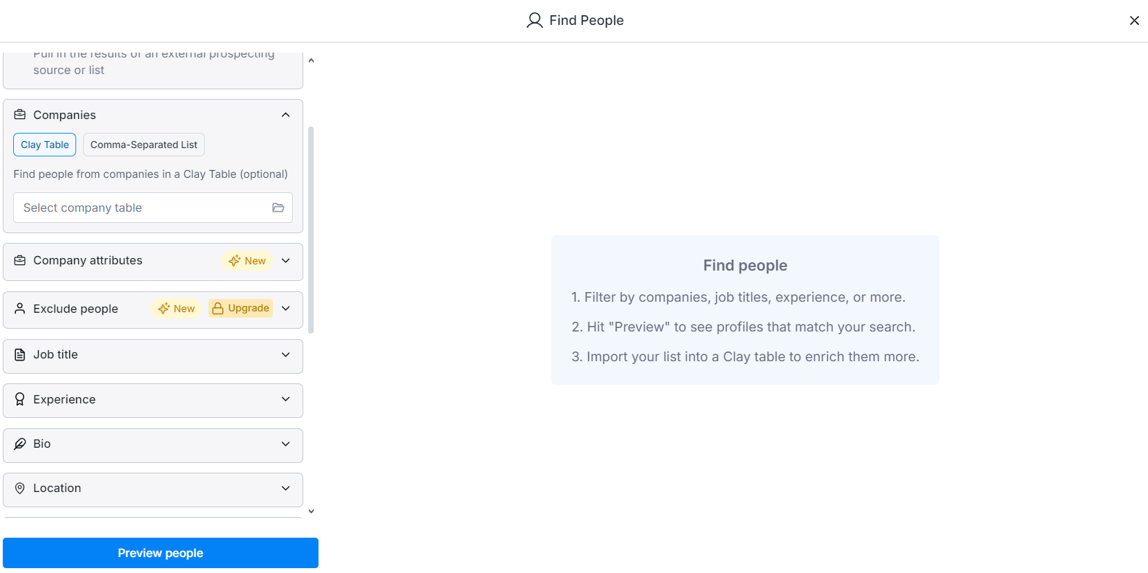 Clay "Find People" search: filter by companies, job titles, experience and location, preview matching profiles and import them into a Clay table