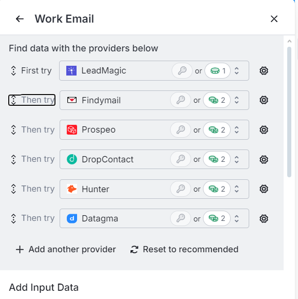 Clay "Work Email" enrichment waterfall trying providers in order: LeadMagic, Findymail, Prospeo, DropContact, Hunter, Datagma