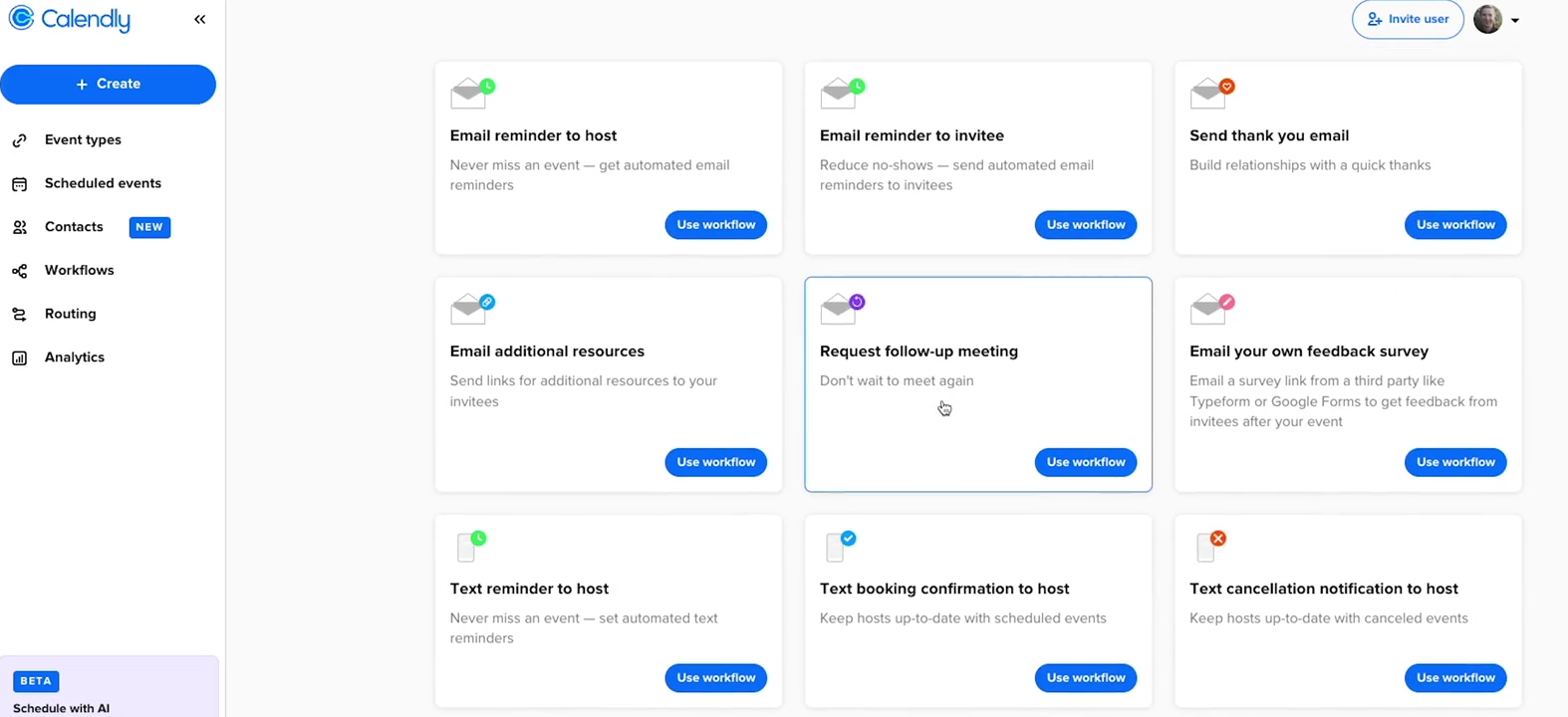 Calendly workflows: email reminders to host and invitee, thank-you email, follow-up meeting request and text reminders